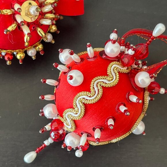 Vintage Beaded Satin Ball Ornaments // Set of 4 Handmade Gold Trimmed Push Pin - Picture 5 of 5